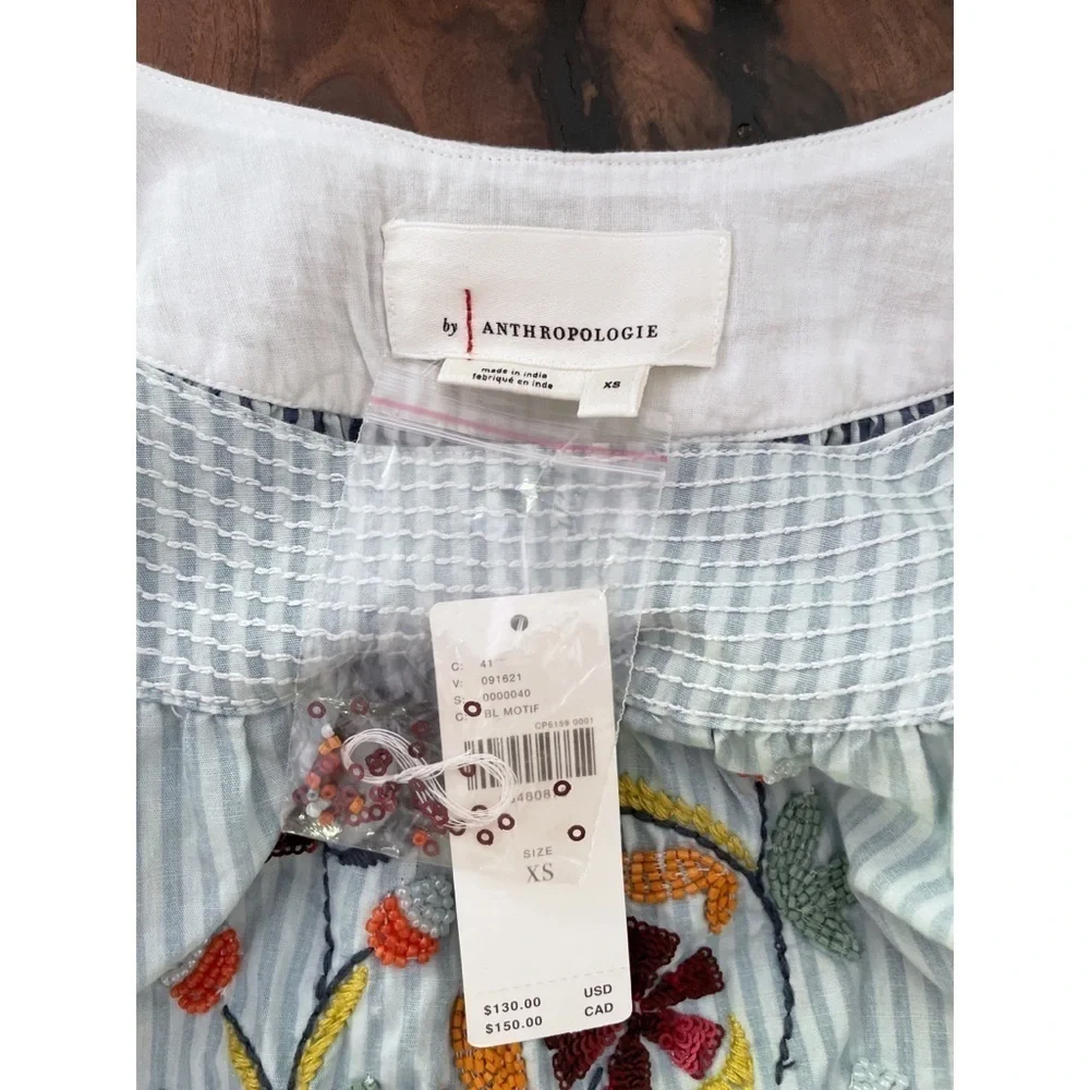 NWT by Anthropologie Pinstriped Beaded Embroidered Floral Puff-Sleeved Blouse XS